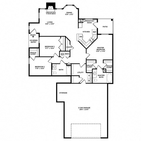 Floor plan for 3 beds, 2 baths, 1455 sqft